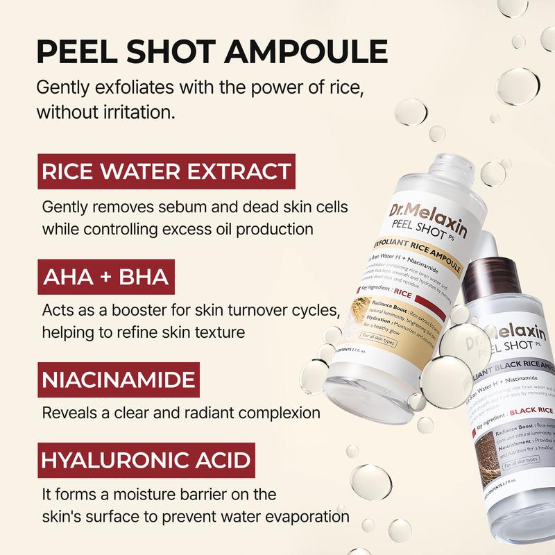 Peel Shot ampoule ingredients — rice water, AHA + BHA, niacinamide, hyaluronic acid
