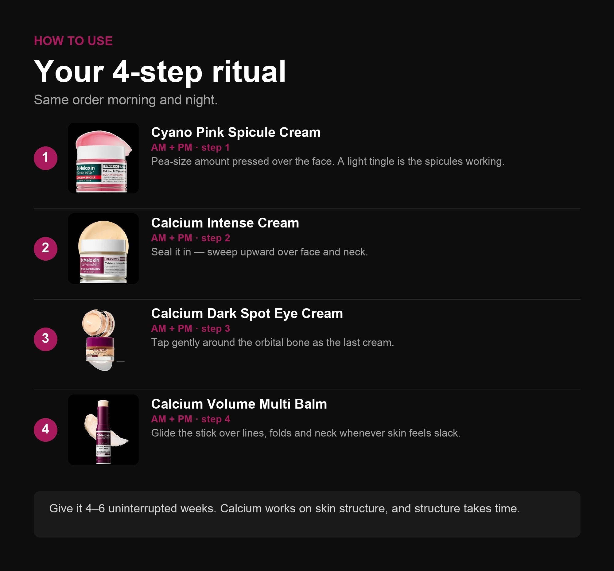 The 4-step Calcium routine — same order morning and night