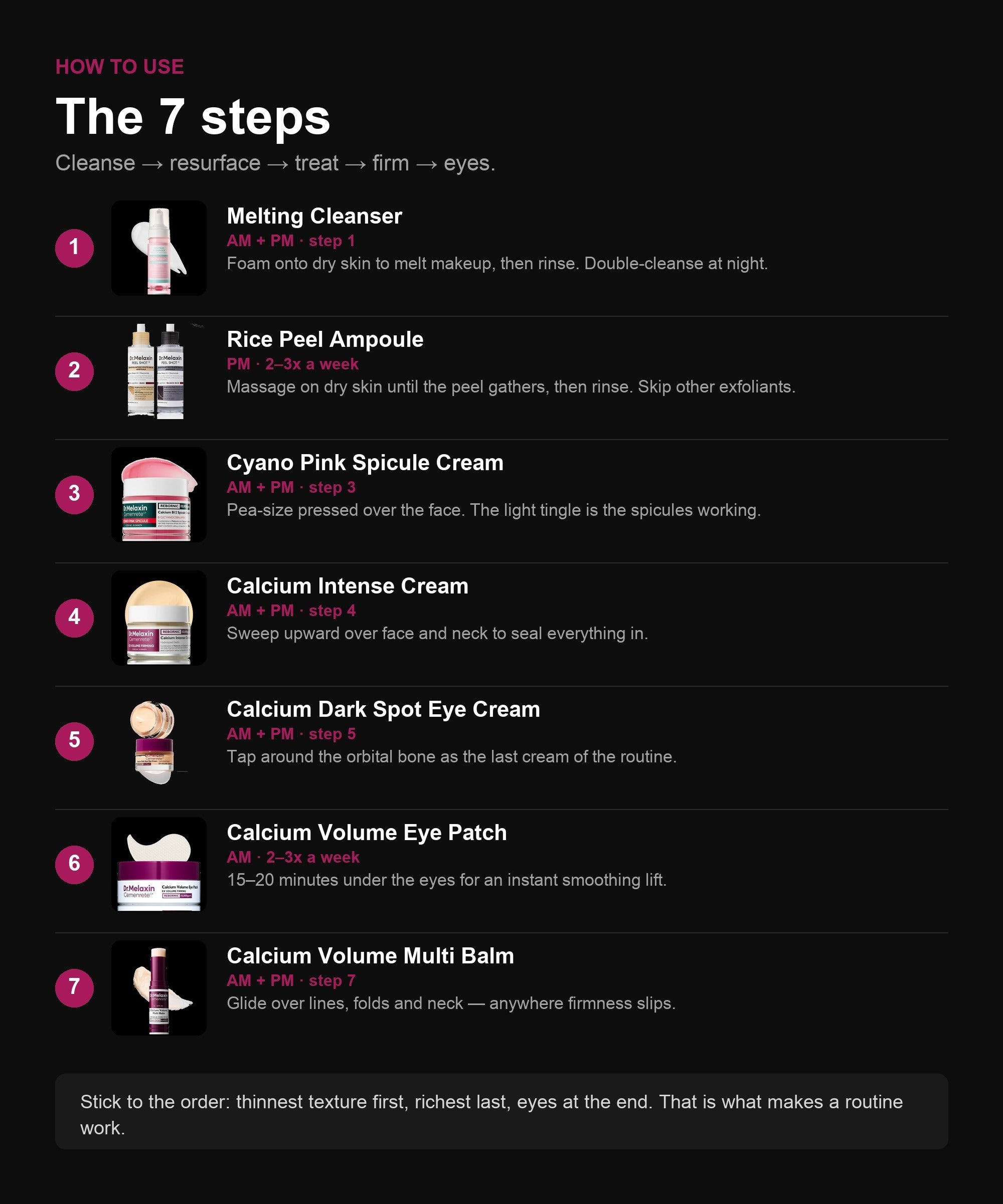 The 7 steps — cleanse, resurface, treat, firm, eyes