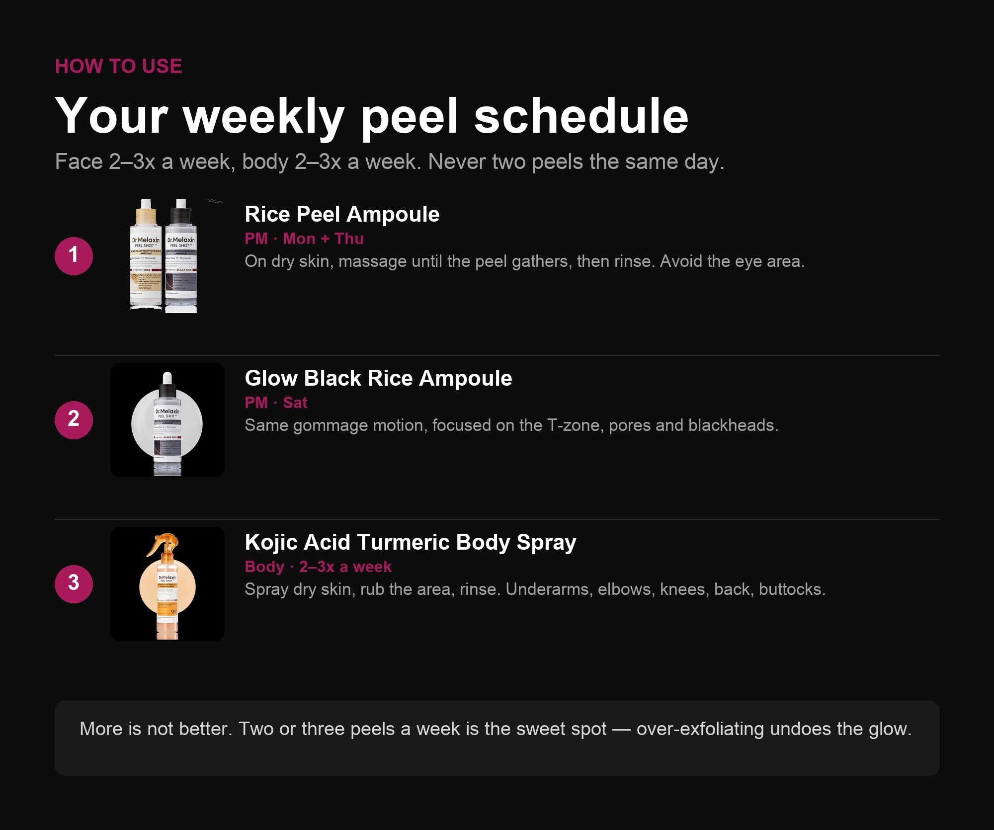 Your weekly peel schedule — face and body